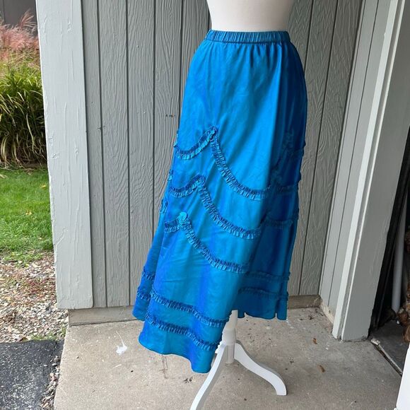 VTG 90s Indigo Moon Iridescent Blue Bias Cut Maxi Skirt Ruffle Trim SZ M - Picture 4 of 12